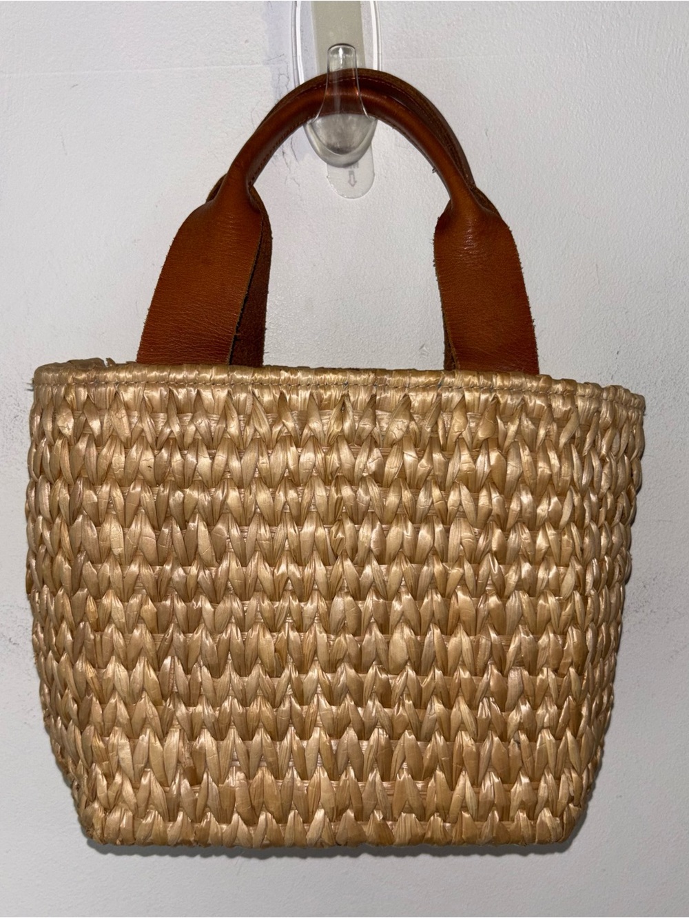 J. Crew Woven Straw Tote Bag Small Purse w/ Brown Leather Handles